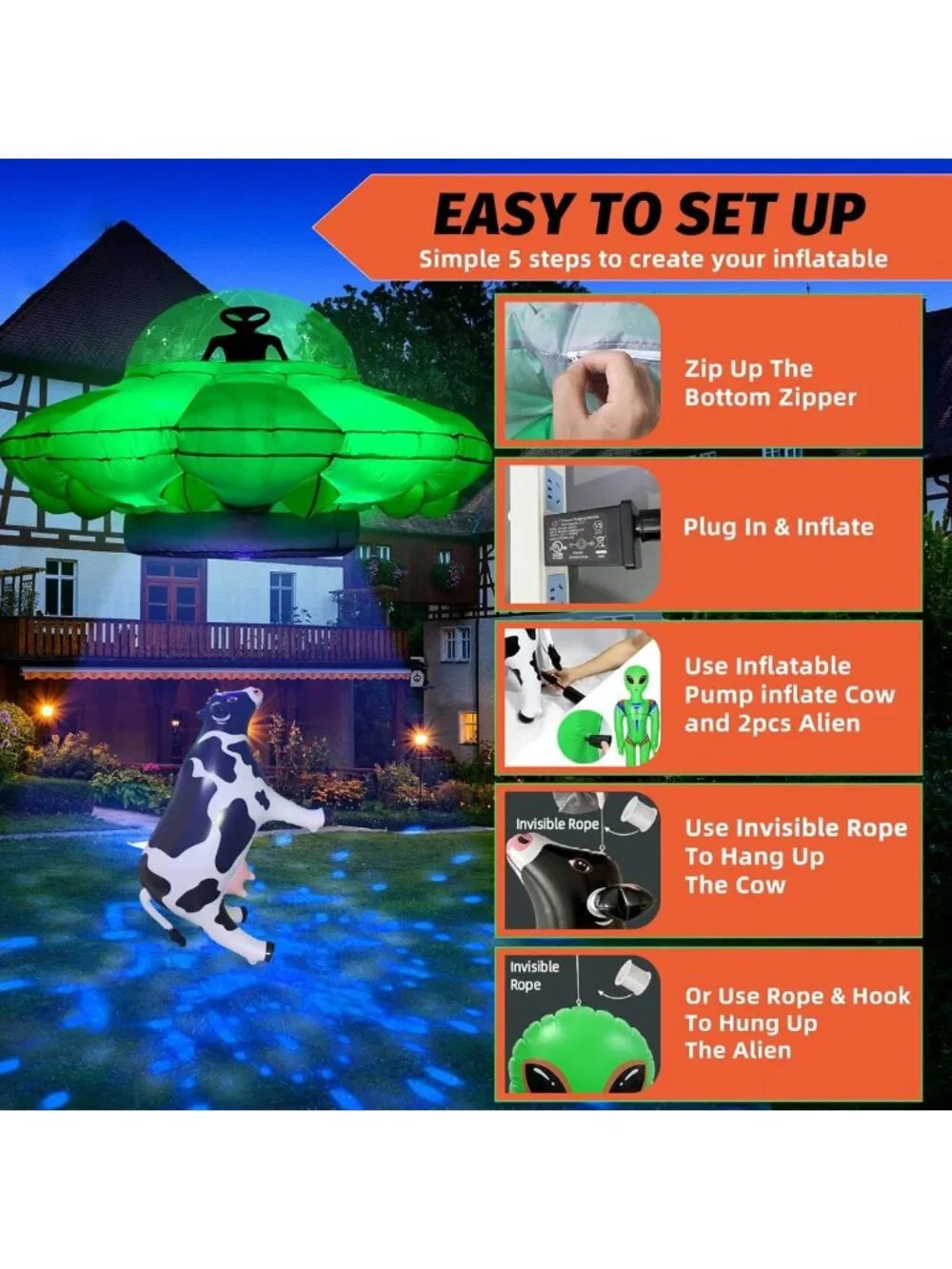 4.2FT Inflatable Alien UFO Cow Abduction Decor with LED Lights - Halloween Party